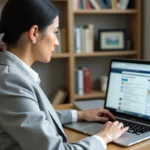 Femme accédant à son webmail Convergence Lyon sur un ordinateur portable dans un bureau à domicile