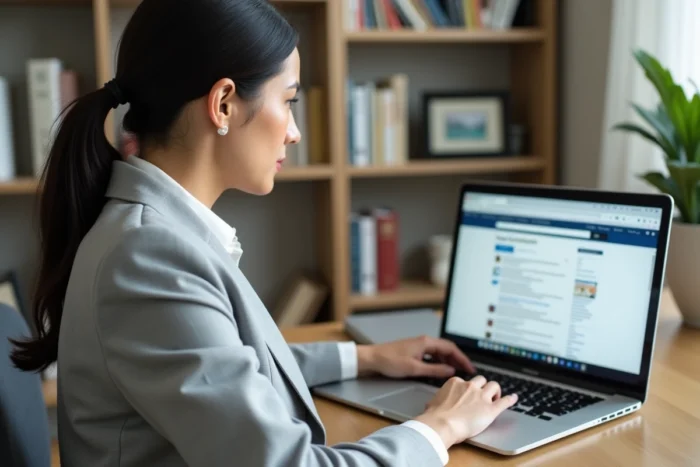Femme accédant à son webmail Convergence Lyon sur un ordinateur portable dans un bureau à domicile
