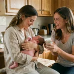 Une jeune mère tient son nouveau-né dans ses bras pendant qu'une amie bienveillante lui offre une tasse de thé dans une cuisine familiale chaleureuse