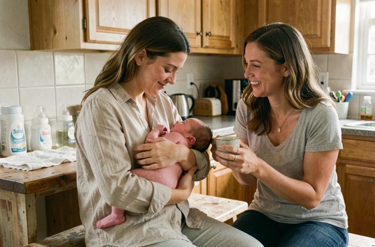 Une jeune mère tient son nouveau-né dans ses bras pendant qu'une amie bienveillante lui offre une tasse de thé dans une cuisine familiale chaleureuse