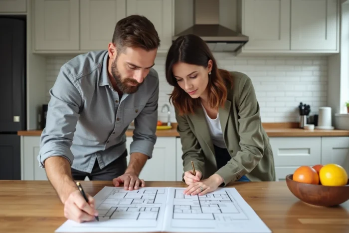 Couple d'acheteurs analysant les plans d'un appartement avant une contre-visite immobilière