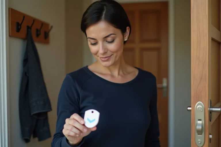 Femme tenant un badge Verisure dans l'entrée de sa maison pour activer son système de sécurité