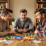 Groupe d'adultes découvrant un nouveau jeu de société autour d'une table en bois dans un appartement moderne