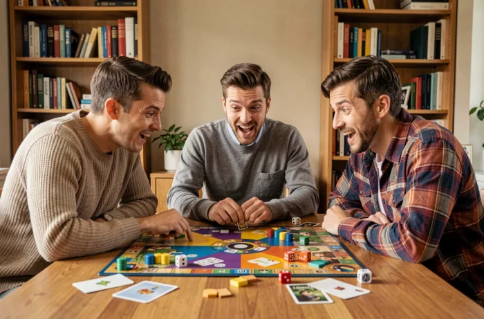 Groupe d'adultes découvrant un nouveau jeu de société autour d'une table en bois dans un appartement moderne