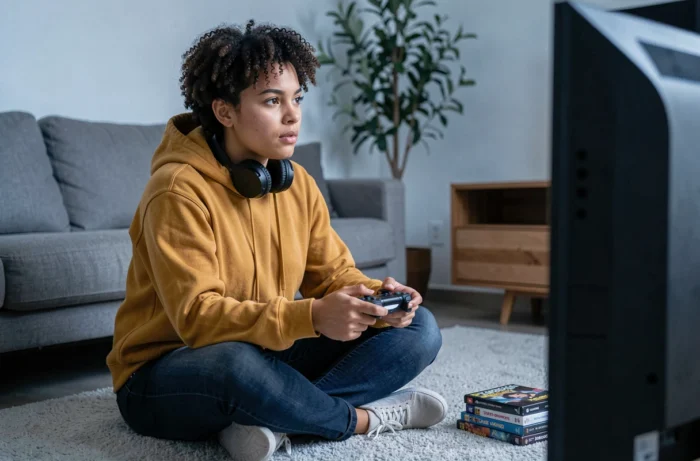 Jeune femme jouant à un jeu vidéo avec une manette dans un salon contemporain