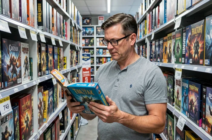Homme en train d'examiner un jeu de société dans un magasin spécialisé aux rayons bien garnis