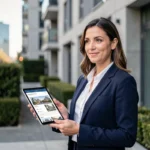 Agent immobilier professionnelle tenant une tablette avec des annonces devant un immeuble résidentiel moderne