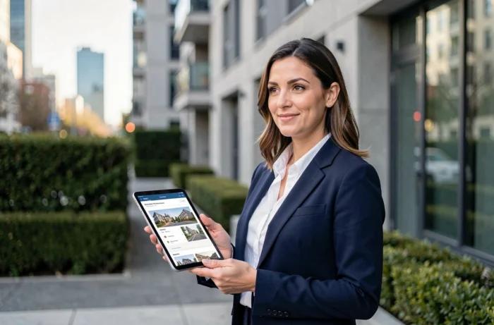 Agent immobilier professionnelle tenant une tablette avec des annonces devant un immeuble résidentiel moderne