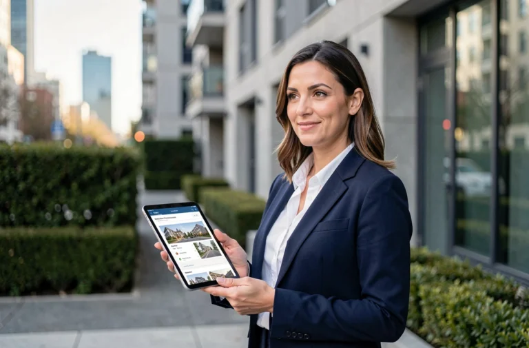 Agent immobilier professionnelle tenant une tablette avec des annonces devant un immeuble résidentiel moderne