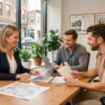 Agent immobilier conseillant un couple lors d'une transaction immobilière dans une agence moderne