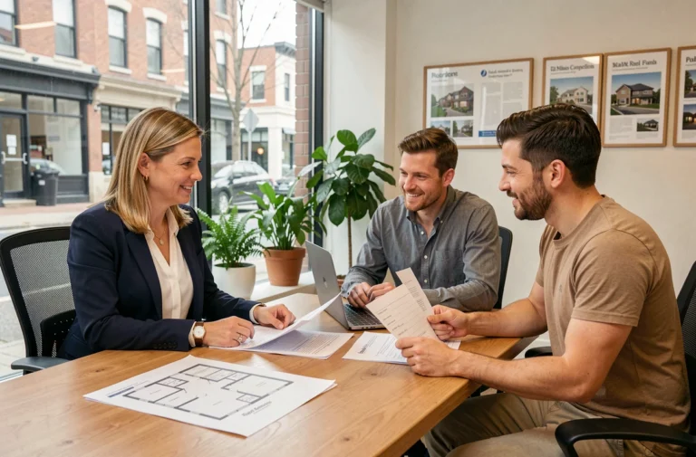 Agent immobilier conseillant un couple lors d'une transaction immobilière dans une agence moderne