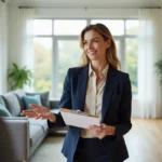 Agent immobilière présentant un bien lors d'une contre-visite dans un salon moderne et lumineux