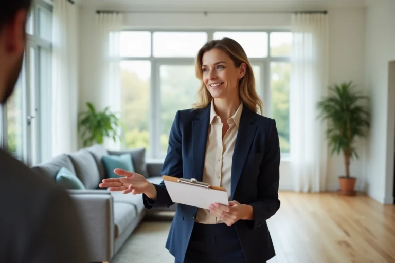 Agent immobilière présentant un bien lors d'une contre-visite dans un salon moderne et lumineux
