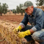 Agriculteur espagnol en tenue de protection inspectant des mauvaises herbes mortes dans un champ traité au désherbant Roundup Ultra Plus