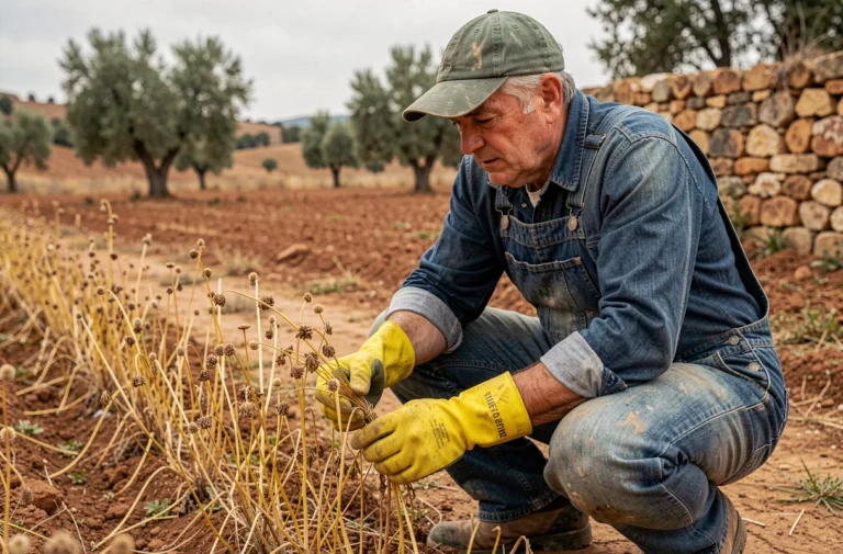 Agriculteur espagnol en tenue de protection inspectant des mauvaises herbes mortes dans un champ traité au désherbant Roundup Ultra Plus