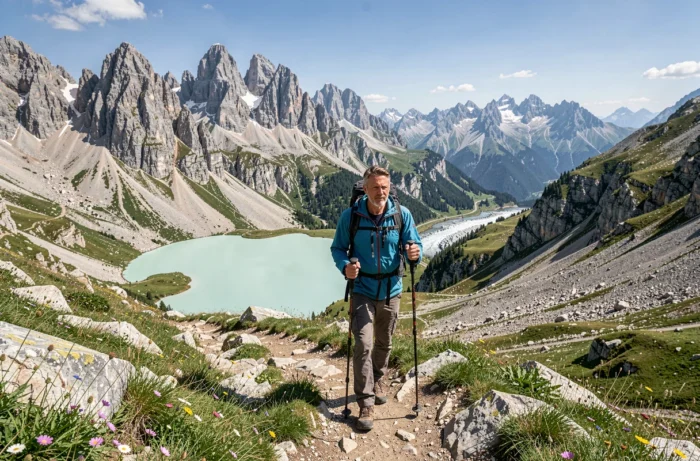 Randonneur contemplant le panorama des Alpes françaises en été depuis un sentier rocheux surplombant un lac glaciaire