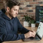 Homme utilisant une alternative à Twitter sur un ordinateur portable dans un bureau moderne