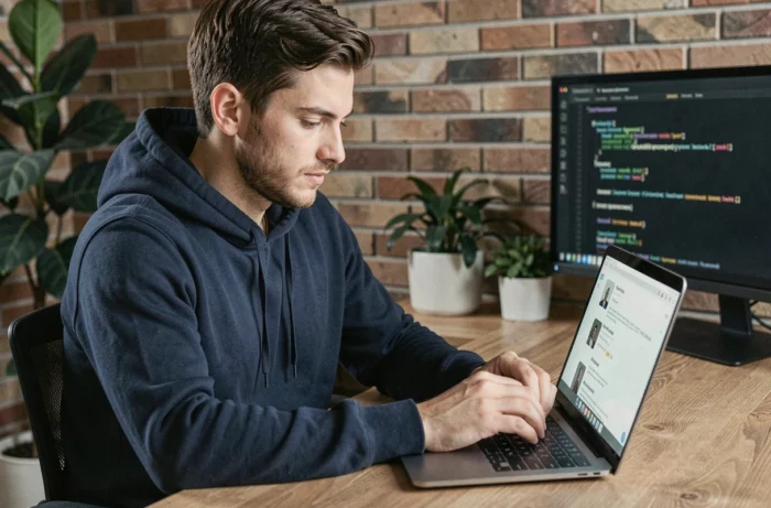 Homme utilisant une alternative à Twitter sur un ordinateur portable dans un bureau moderne