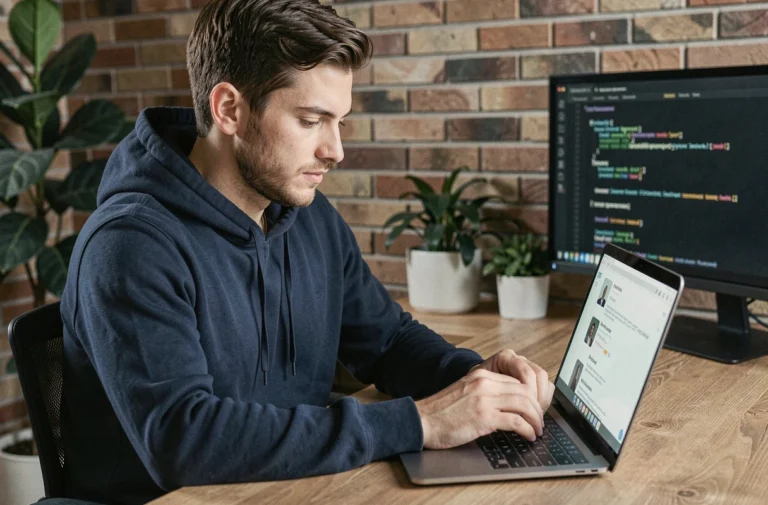 Homme utilisant une alternative à Twitter sur un ordinateur portable dans un bureau moderne