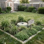 Aménagement paysager autour d'une fosse septique avec plantes à faibles racines et couvre-sols décoratifs dans un jardin résidentiel