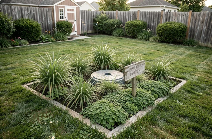 Aménagement paysager autour d'une fosse septique avec plantes à faibles racines et couvre-sols décoratifs dans un jardin résidentiel