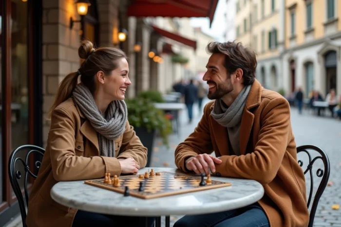 Deux amis jouant à un jeu de société en riant sur une terrasse de café en cobblestone en automne, moment de loisir convivial au quotidien
