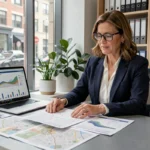 Professionnelle de l'immobilier analysant des rapports de marché local avec des cartes annotées dans un bureau moderne
