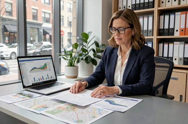 Professionnelle de l'immobilier analysant des rapports de marché local avec des cartes annotées dans un bureau moderne