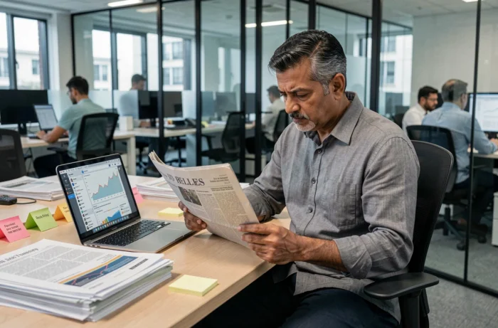 Homme d'âge mûr analysant tendances sociales et médias dans une salle de rédaction moderne