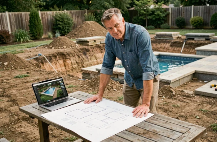 Architecte paysagiste étudiant des plans de piscine sur une table extérieure avec chantier en arrière-plan