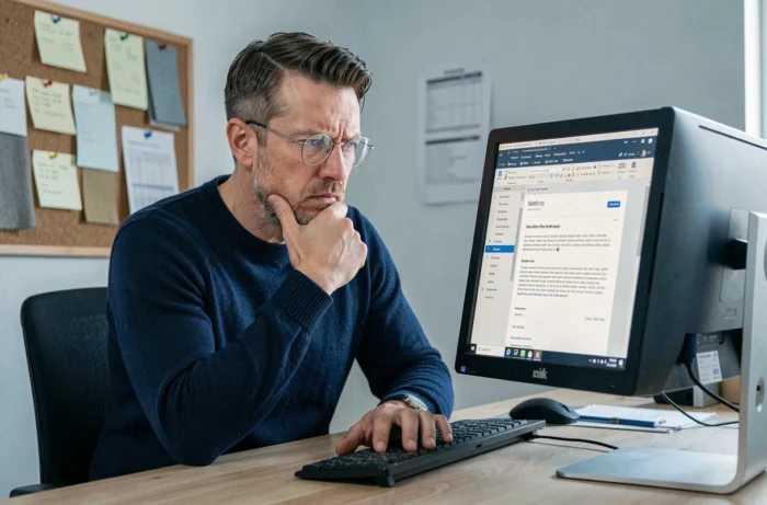 Artisan lisant un email de suspension de compte sur sa plateforme de vente en ligne depuis son bureau à domicile