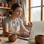 Artisane inquiète face à la suspension de son compte sur une plateforme d'artisanat en ligne, assise dans son atelier entouré de céramiques faites main
