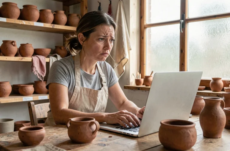 Artisane inquiète face à la suspension de son compte sur une plateforme d'artisanat en ligne, assise dans son atelier entouré de céramiques faites main