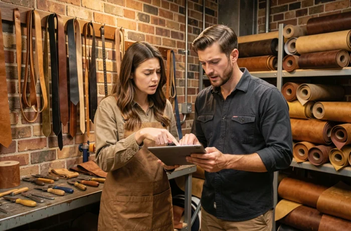 Deux artisans en maroquinerie consultant ensemble une tablette pour comprendre la suspension de leur boutique sur une plateforme artisanale