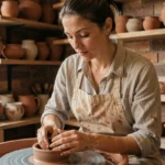 Femme trentenaire façonnant un bol en céramique sur un tour de potier dans un atelier artisanal rustique
