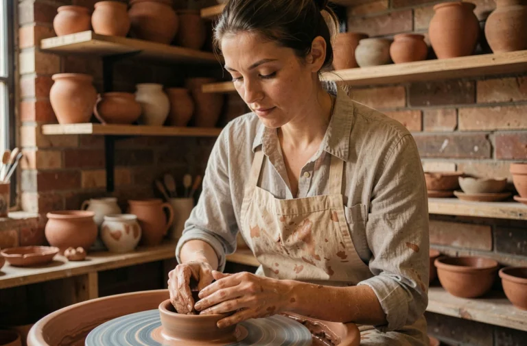 Femme trentenaire façonnant un bol en céramique sur un tour de potier dans un atelier artisanal rustique