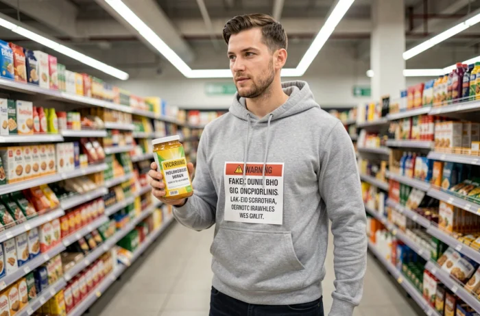 Homme tenant un produit avec une fausse étiquette d'avertissement humoristique le décrivant, illustrant l'avertissement produit dans une bio Tinder