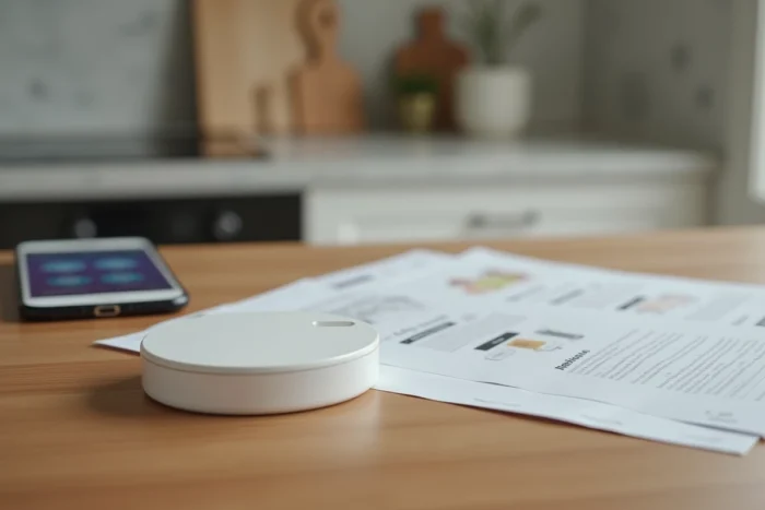 Badge Verisure posé sur une table avec un guide d'activation et un smartphone affichant l'application de sécurité