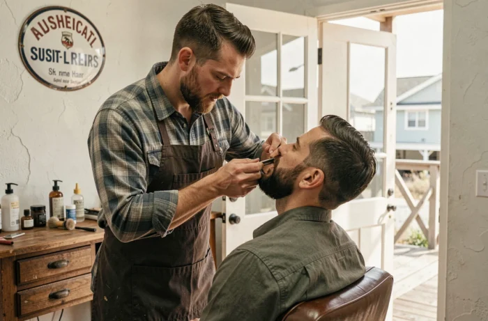 Barbier homme réalisant une coupe et un soin de barbe dans un barbershop de Capbreton au style rétro