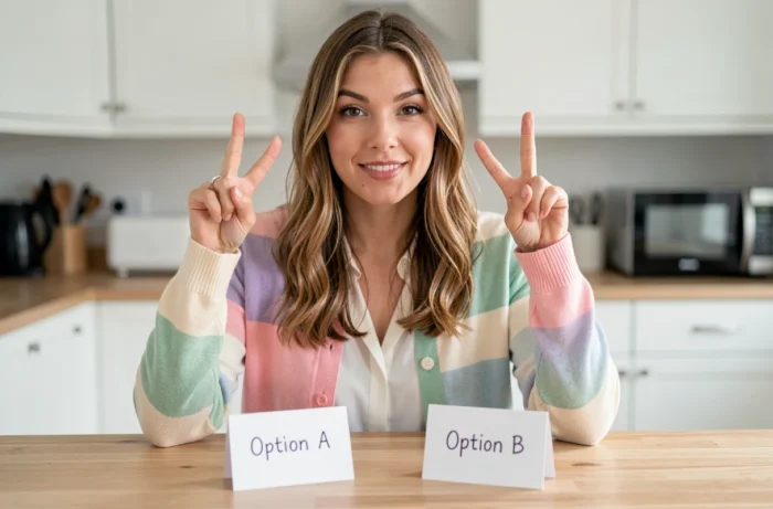 Femme présentant deux options humoristiques inscrites sur des cartes dans une cuisine moderne, illustrant une bio Tinder à choix