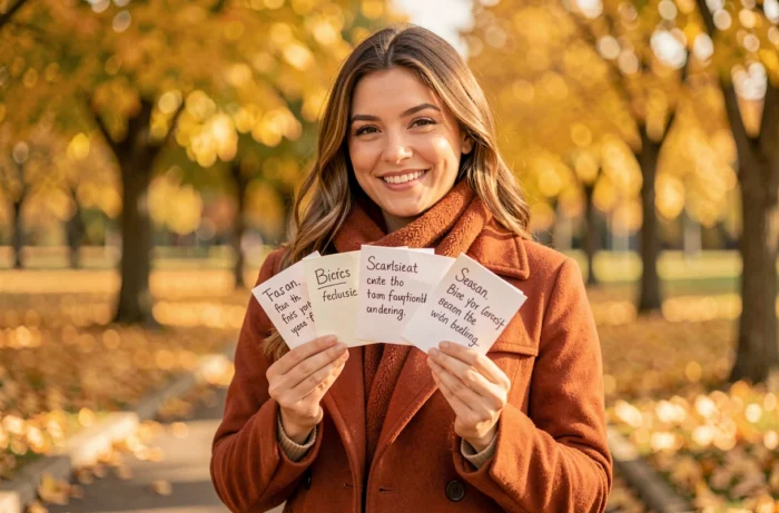 Femme souriante tenant quatre cartes saisonnières avec une bio Tinder différente pour chaque saison, dans un parc en automne
