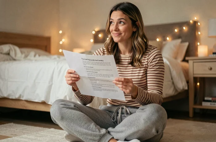Femme amusée lisant un document FAQ humoristique à son sujet posé sur le sol de sa chambre, comme une bio Tinder en mode FAQ