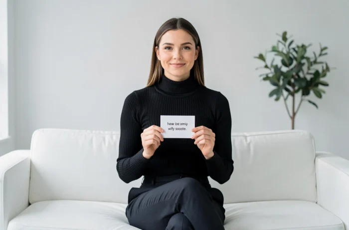 Femme confiante tenant une carte avec une seule ligne de texte humoristique, illustrant la bio minimaliste à une ligne pour Tinder