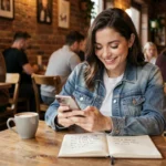 Jeune femme souriante qui rédige une bio créative pour Tinder dans un café, entourée de notes humoristiques