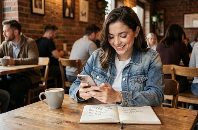 Jeune femme souriante qui rédige une bio créative pour Tinder dans un café, entourée de notes humoristiques