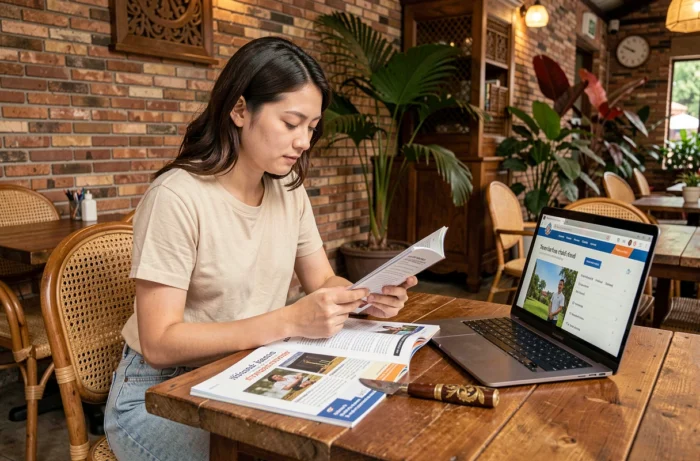 Blogueuse de voyage étudiant la législation thaïlandaise sur les couteaux dans un café de Bangkok avant son départ