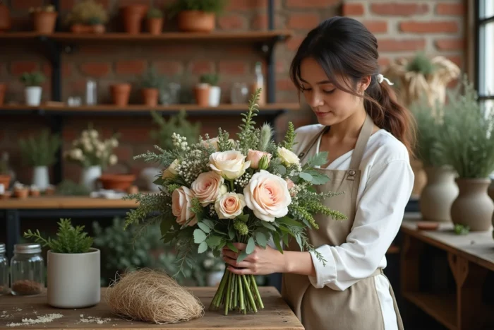 Fleuriste préparant un bouquet de mariée artisanal dans un atelier floral rustique selon les tendances mariage 2024