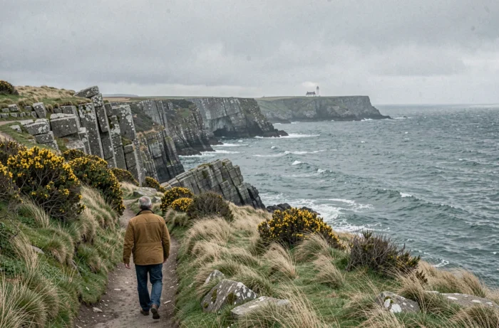 Randonneur marchant sur un sentier côtier breton face à des falaises de granit et une mer atlantique gris-vert sous un ciel nuageux