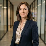 Portrait professionnel d'une présentatrice télévision française élégante dans un couloir de studio parisien en 2026