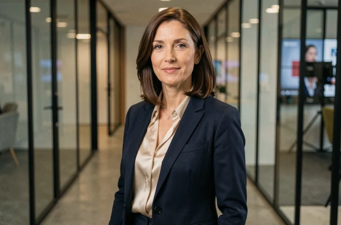 Portrait professionnel d'une présentatrice télévision française élégante dans un couloir de studio parisien en 2026